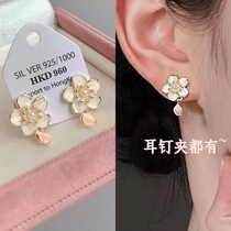 "Peach Blossom" Mori flower drops pendant earrings new senior fashion accessory-free ear clip earrings