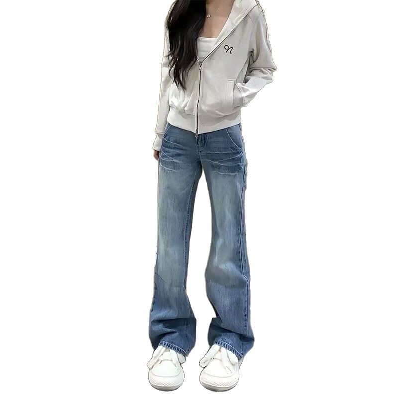Retro American design style jeans for women, flared straight leg, new loose and slimming skinny skinny floor-length pants for chubby girls Item Picture