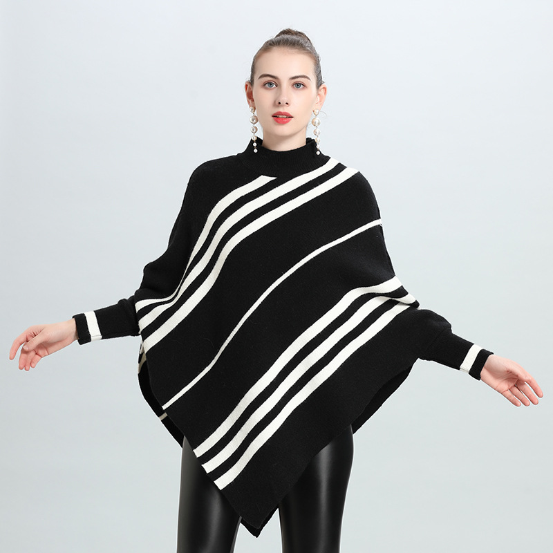 Live Supply Of New Autumn And Winter Irregular Stripes Half High Neck Bat Sleeve Sweater Cape Female 0950# details Picture