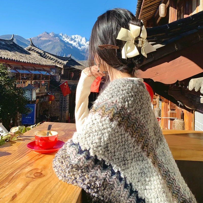 Ethnic Cape Cape Knit Fall/Winter Pullover Mohair Fringe Scarf Coat Women's Long Ball Cape details Picture
