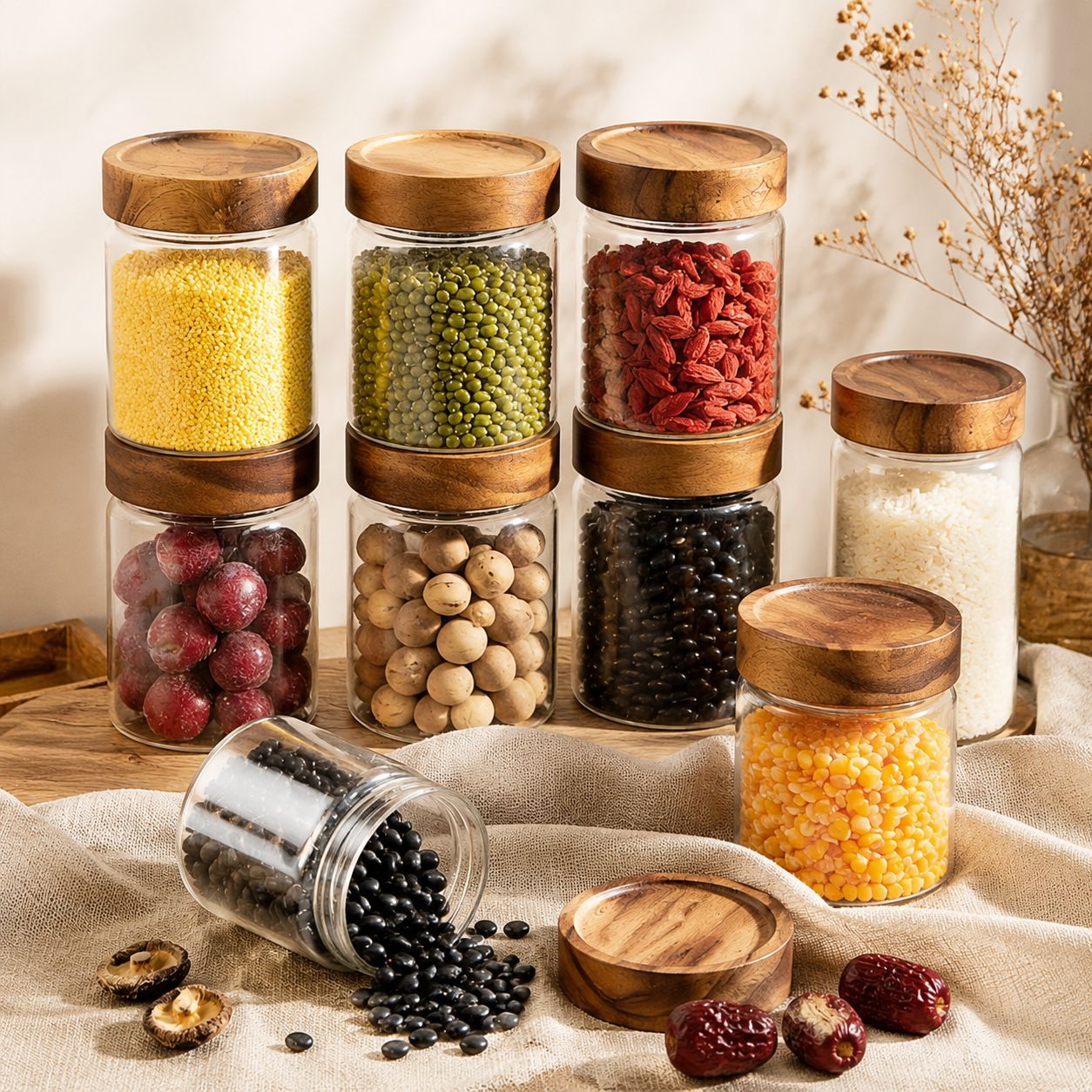 Wholesale of various specifications of high borosilicate glass storage tanks with acacia wood LIDS, food-grade sealed tanks, and kitchen grain storage tanks