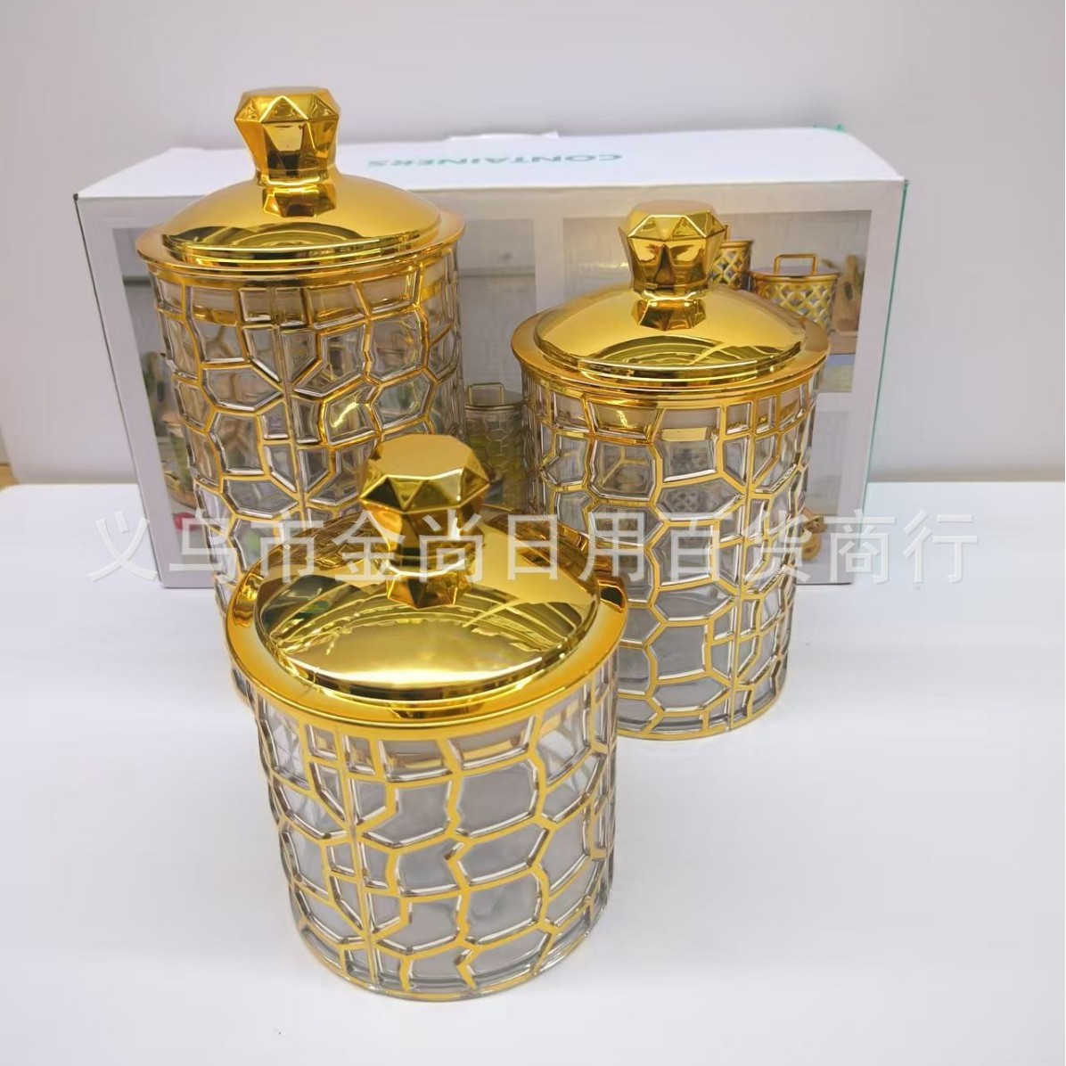 New gold-plated PET sealed transparent hot stamping candy jar three-piece set, snack jar, nut storage jar