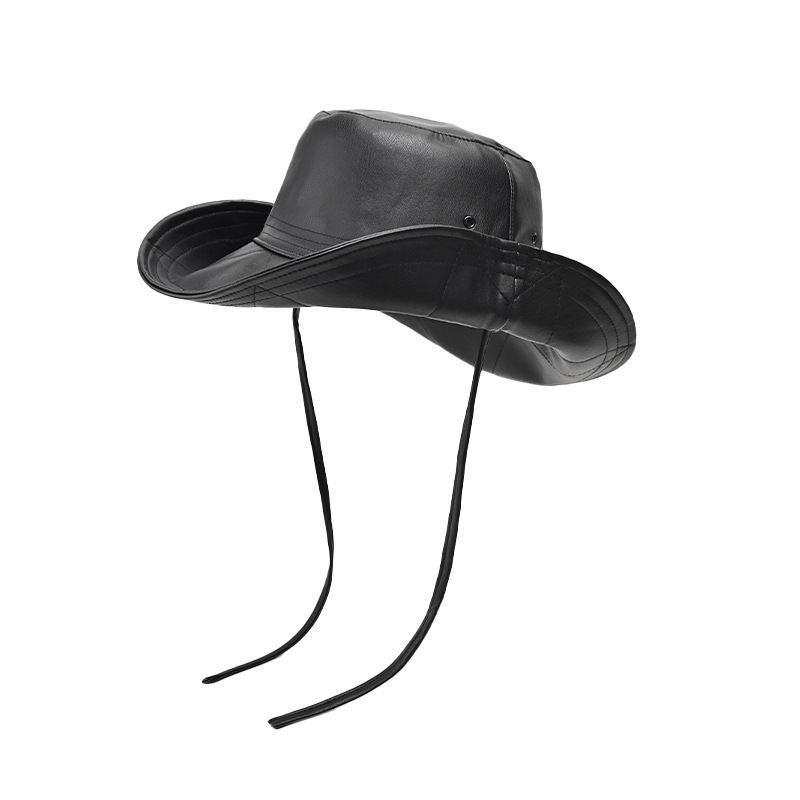 Leather Mountaineering Hat Female Winter Niche Black Street Western Cowboy Lace-Up Autumn-Winter Large Brim Pu Leather Fisherman Hat Item Picture