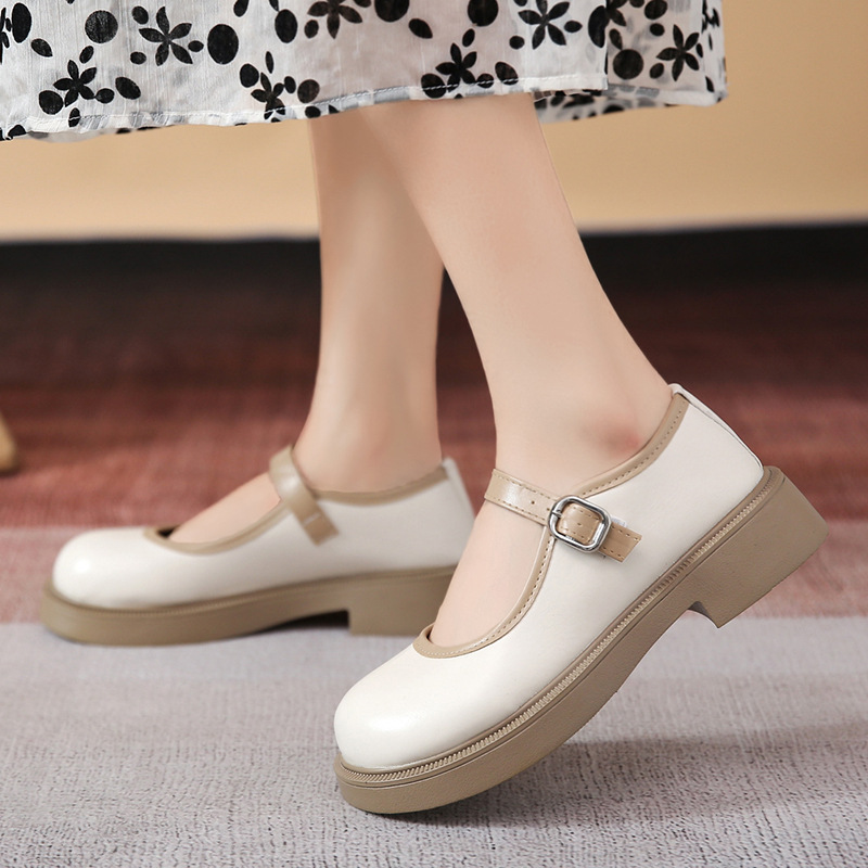 女鞋2022秋季新款低跟搭扣拼色小皮鞋女韩版洛丽塔女式时装单鞋图