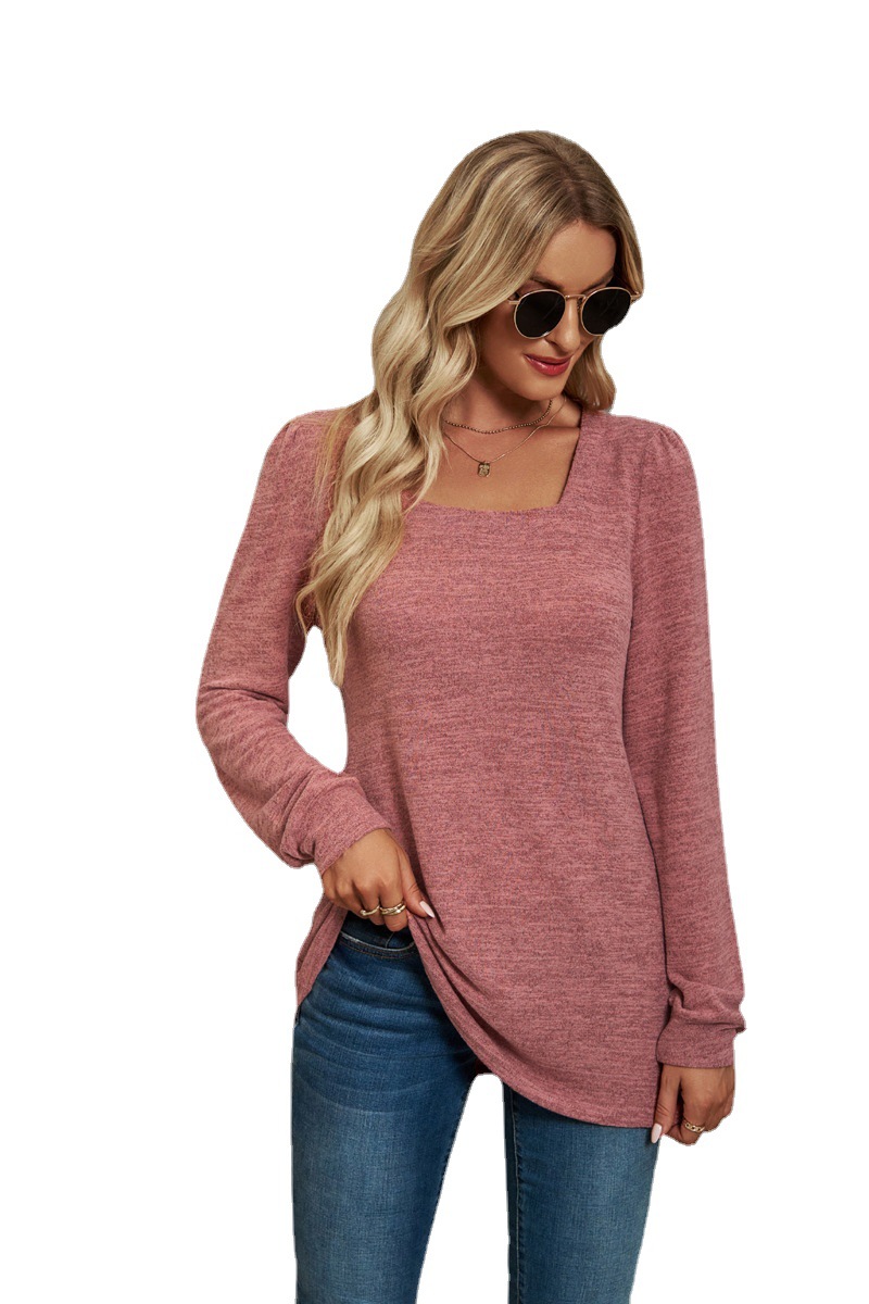Autumn And Winter 2022 New Amazon Explosive T-Shirt Solid Color Square Collar Ruffled Long Sleeve Casual Women's Base Shirt Item Picture