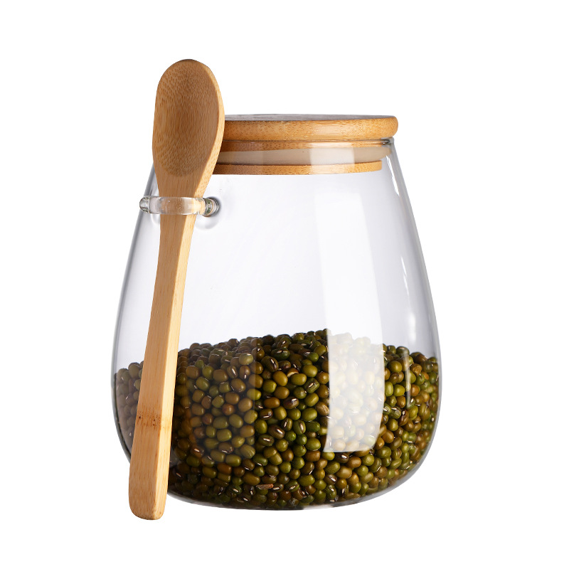 Wholesale high borosilicate glass wooden spoon storage jars, round glass seasoning jars, transparent candy and food storage sealed jars Item Picture