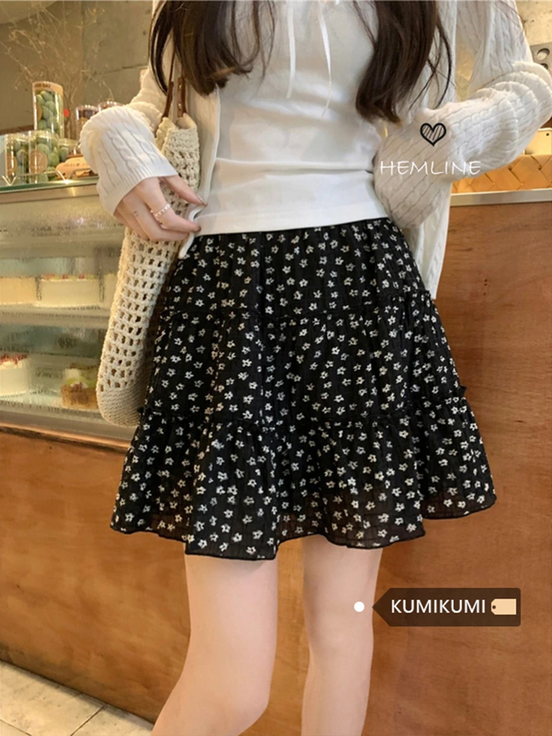 Black Floral Skirt Female Summer Thin 2024 New Temperament Cake Skirt Small A-Line Package Hip Skirt