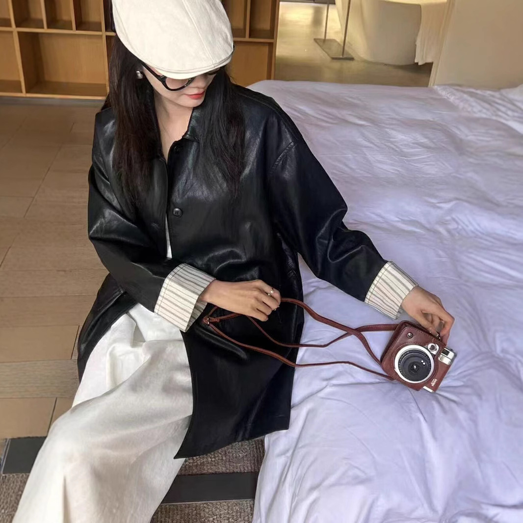 LINIAN25春秋帅气复古翻领撞色拼接袖口甜酷风高级感中长款皮衣女