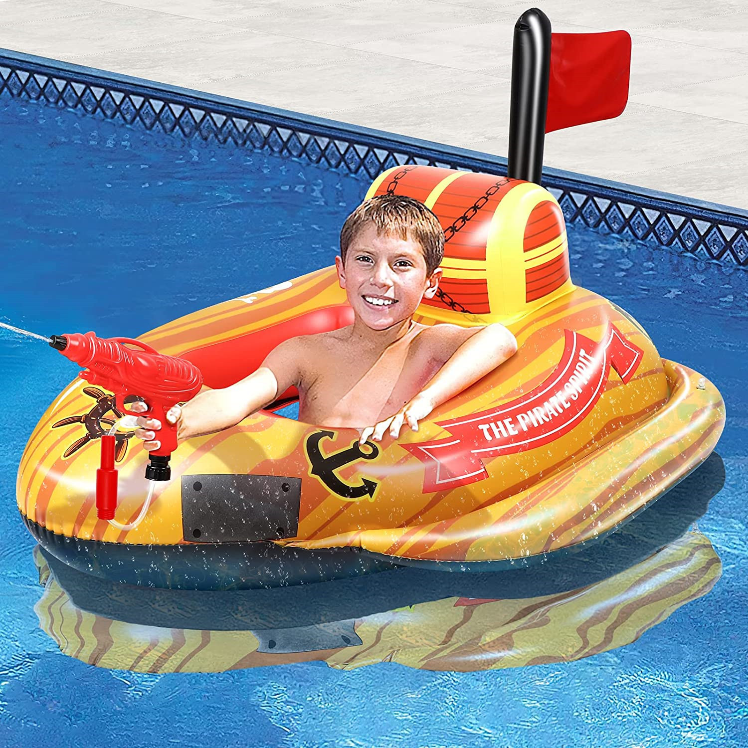 跨境新款 充气喷水海盗船 儿童戏水小汽车充气水上玩具坐圈游泳圈图