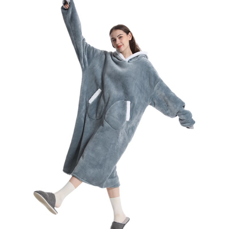 Pengmin Lazy bathrobe Coral fleece winter mid-length pullover hoodie style home wear coat thickened, can be worn outside to sleep details Picture