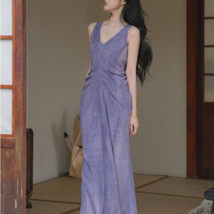 Estilo nacional nuevo vestido chino de lino sin mangas verano 2024 sensación fresca plisado cerrado cintura cuello en V zen viento vestido largo details Picture