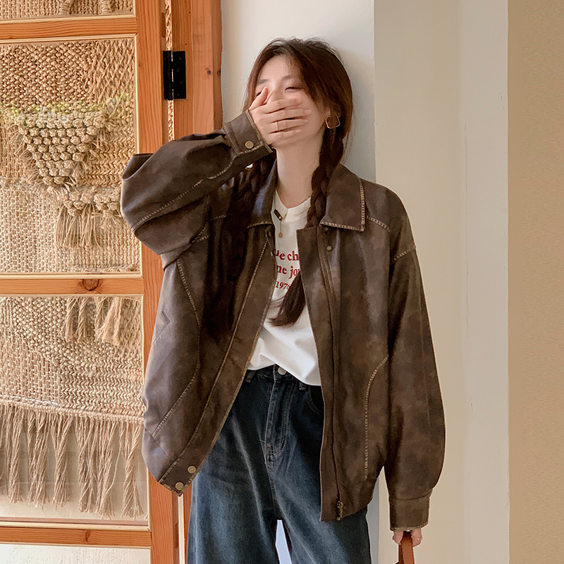 棕色小皮衣女新款今年流行美式复古擦色设计感皮夹外套