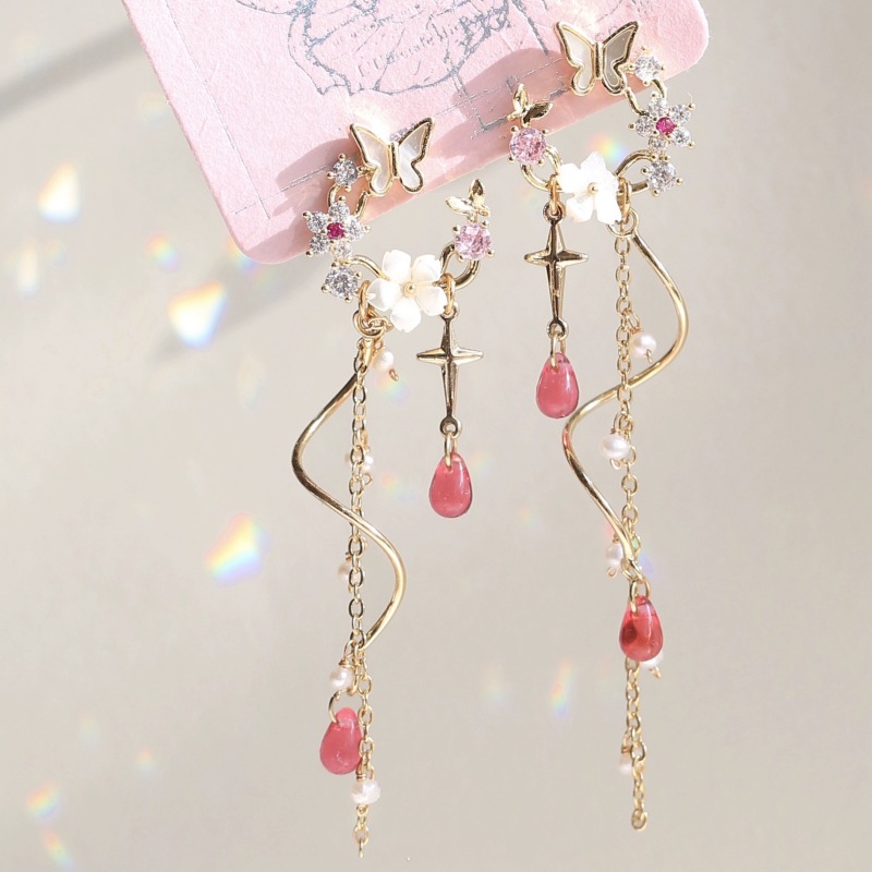 Garden dancing fairy spring and summer thin long fringe earrings light luxury temperament delicate color studs earrings