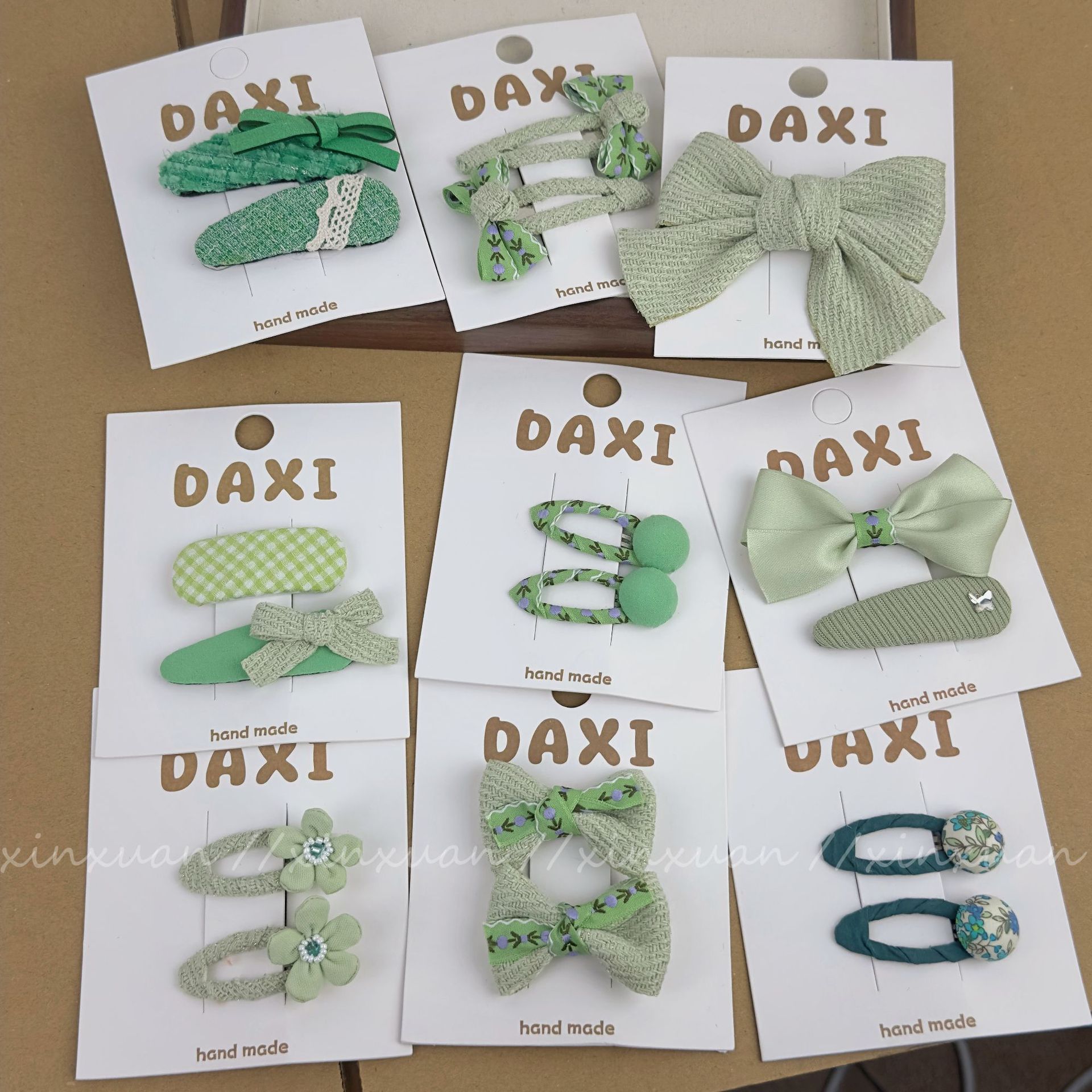 春季新款清新绿色碎花布艺刺绣蝴蝶结儿童发夹发圈宝宝头绳鸭嘴夹