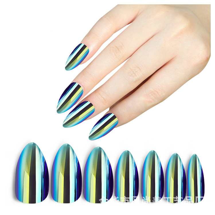 54# Iridescent Nail Pads, Metallic texture nail stickers, mirror-like bright nails, fake nails, finished pointed-tip wearable nail pads, exclusively for export Item Picture