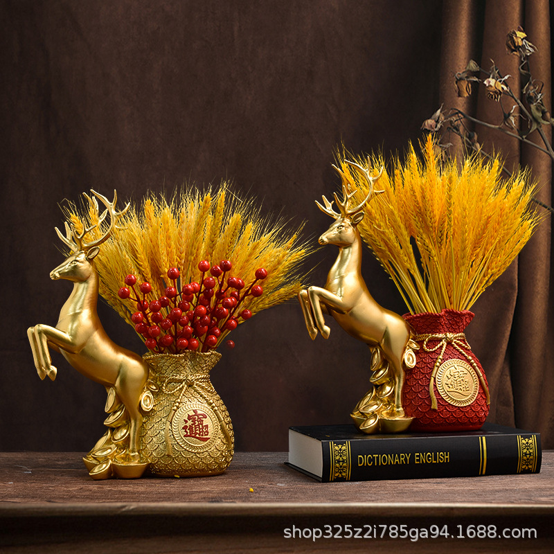 新中式鹿福袋花瓶摆件家居客厅摆设店铺开业大吉旺铺花插装饰品