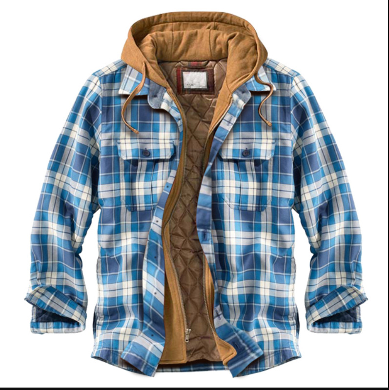 Thickened new men's men's checked coat, long-sleeved 3d woolen printed overcoat and cotton-padded jacket on the Amazon AliExpress independent station Item Picture