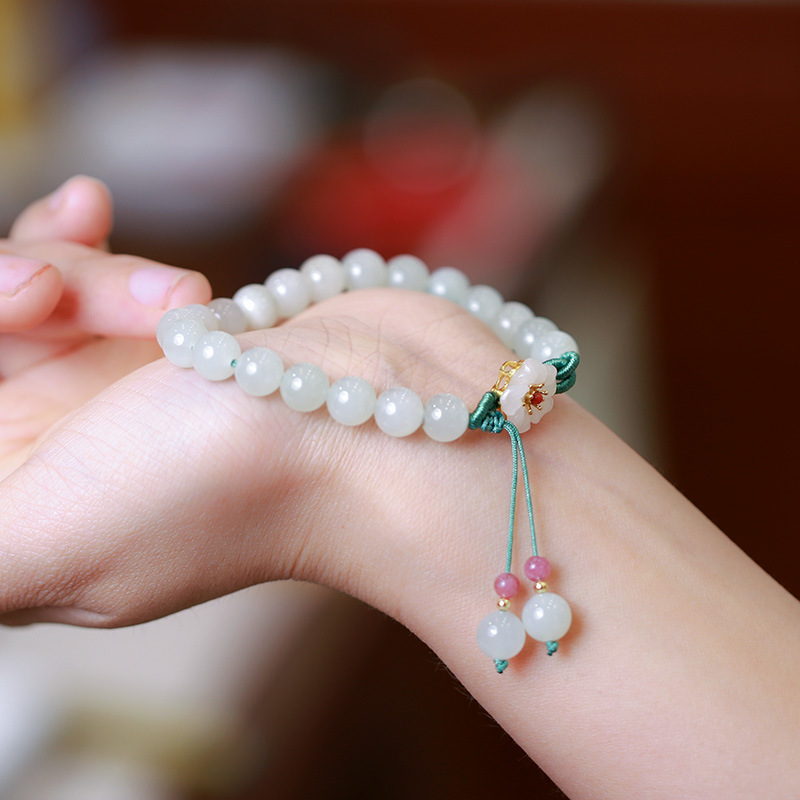 A natural Hetian jade bracelet with a garden full of spring colors, peach blossoms in full bloom, double-tassel woven rope jade Chinese-style bracelet Specification image