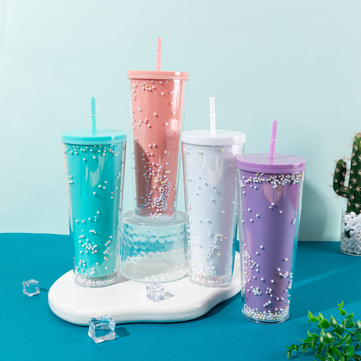 Cross-Border New Male And Female Couples Straw Cup Simple Large Capacity Double Plastic Cup Outdoor Portable Cup