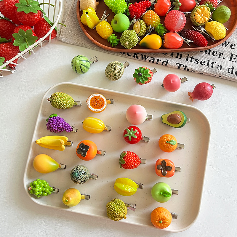 创意仿真水果发夹食玩草莓榴莲石榴发卡可爱树脂边夹趣味桃子发饰