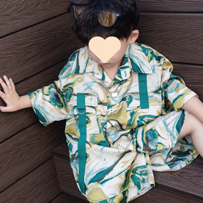 Boys' set 2024 Summer Edition Korean street dance Internet celebrity Street dance trendy children's functional style shirt and shorts details Picture