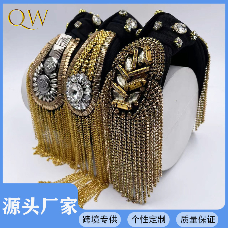 Exclusive Qiwei Accessories, Exclusive Qiwei Accessories, Exclusive Qiwei Accessories, new heavy metal Baroque style diamond-encrusted large accessories, black knotted tassel headband, hair band, hair accessory for women