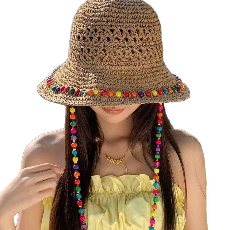 Hyuna style colorful wooden bead straw hat for women, summer hollowed-out large brim sunshade hat, foldable fisherman hat, trendy Item Picture