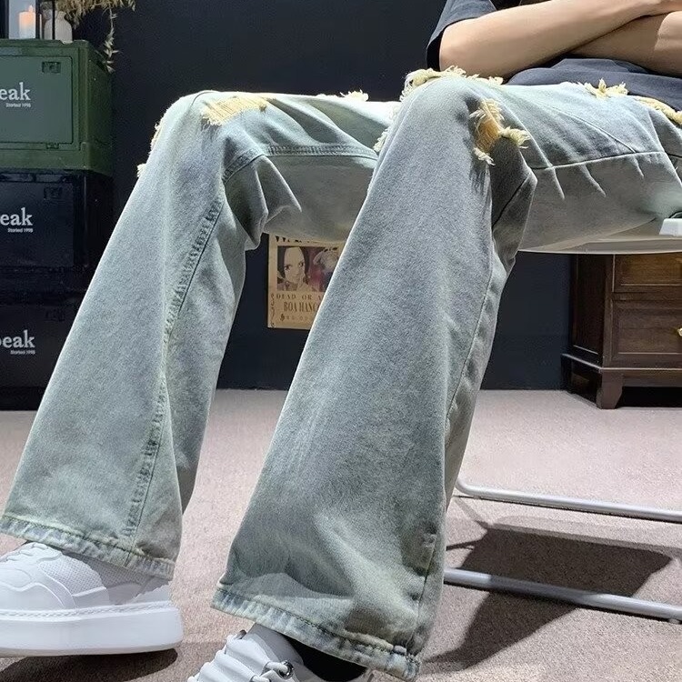 American high street slightly flared jeans for men's summer, a thin and trendy brand, straight-leg, distinctive, ripped vibe pants, 2024 new style Specification image