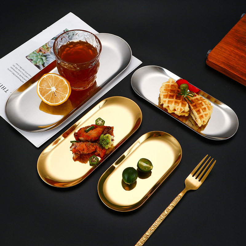 Korean Stainless Steel Barbecue Small Plate Gold Oval Small Tray Restaurant Cuisine Sushi Plate Light Luxury Snack Plate