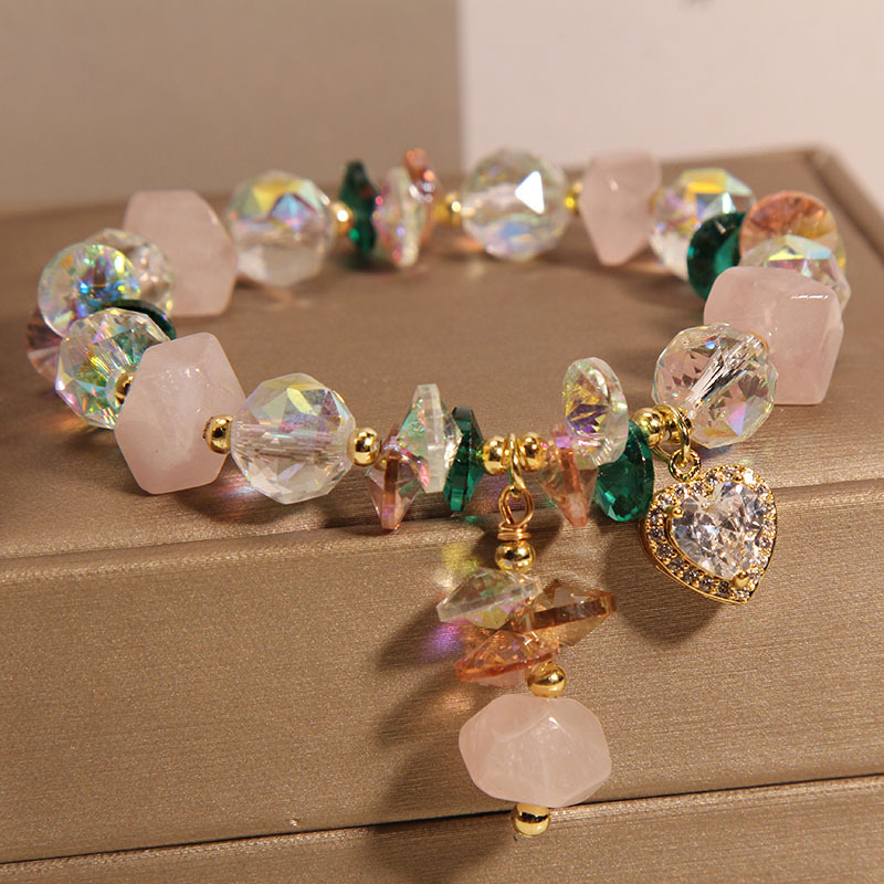 Summer, fresh and super sparkling irregular rose crystal bracelet for women, Korean style, trendy and simple, forest-themed water diamond micro-inlaid heart bracelet Specification image