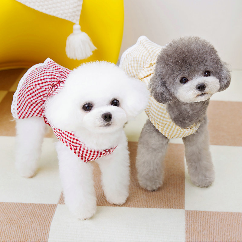 Puppy clothes, pet traction buttons, cat and dog princess dresses, pet clothing for spring and summer, new 2024 checkered dresses details Picture