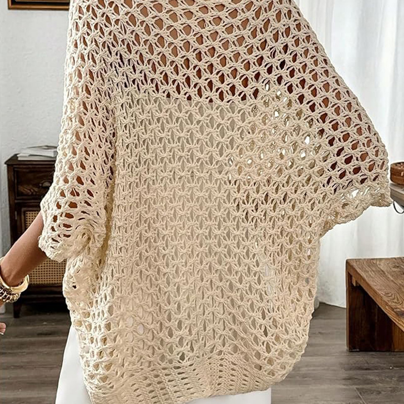 跨境欧美女装针织衫披肩外套镂空毛衣宽松纯色半袖短款上衣详情图4