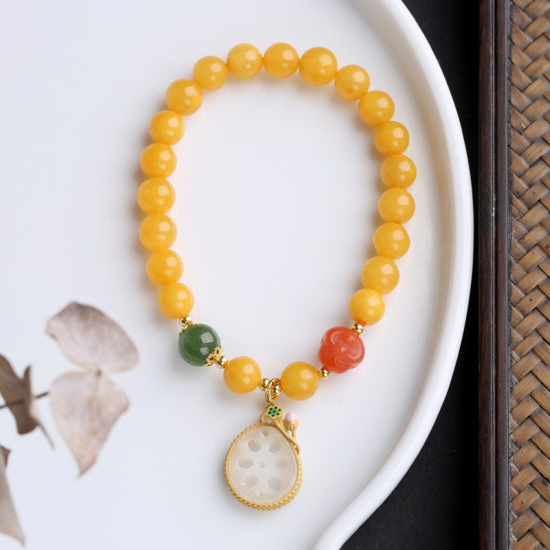 Natural amber beeswax bracelet 7MM beeswax lotus inlaid bracelet retro Chinese style small fresh hand decoration woman