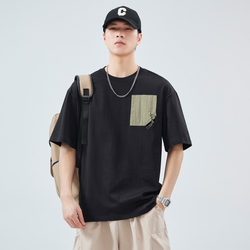 Japanese pure cotton patchwork pocket short-sleeved T-shirt for men, a summer heavyweight fashion brand, ins loose, casual and versatile T-shirt top Specification image