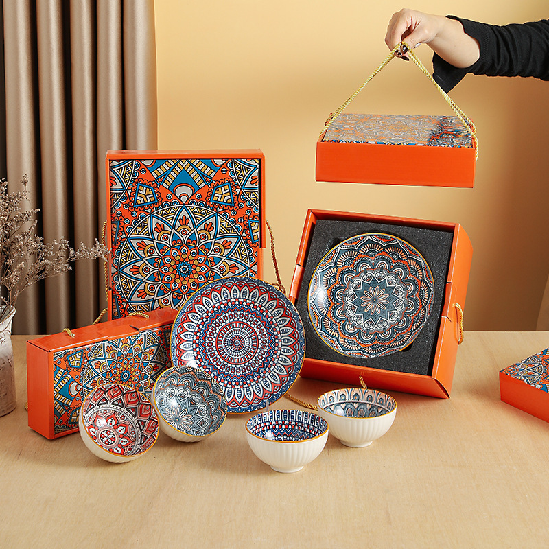 Bohemian-style ceramic bowls, plates, spoons and tableware gift box set event hand-mixed gifts can be printed with LOGO Specification image