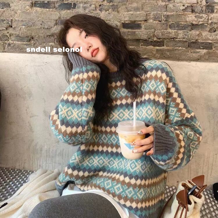 2022 Autumn And Winter New Korean Version Of Thick Sweater Women Loose Design Sense Knit Retro Pullover Casual Diamond Check Tide Specification drawing