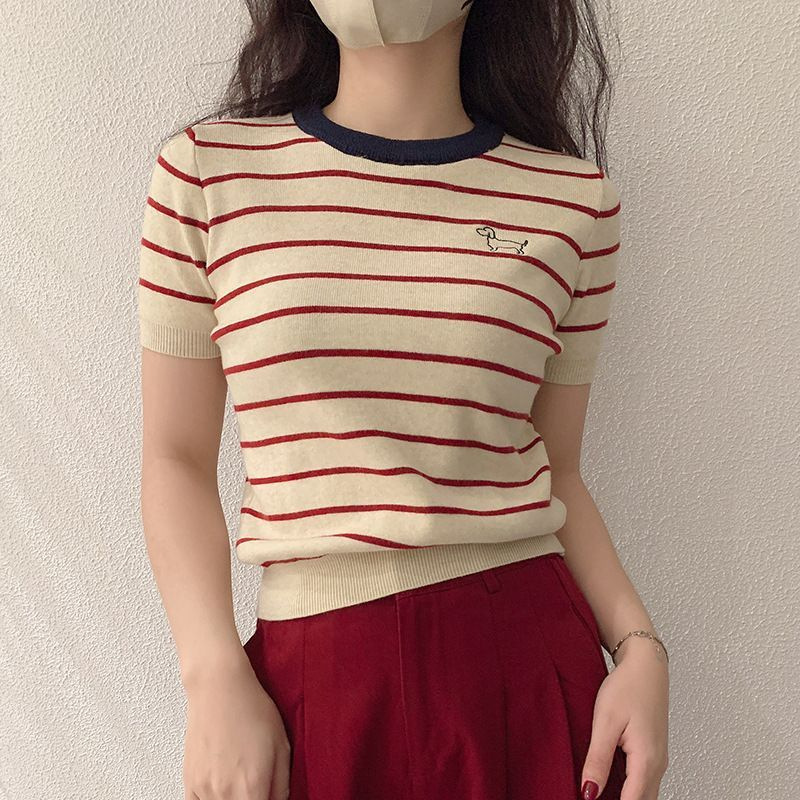 Round-neck striped short-sleeved T-shirt 2025 Loose color contrast embroidery new summer versatile ins casual commuter top for women details Picture