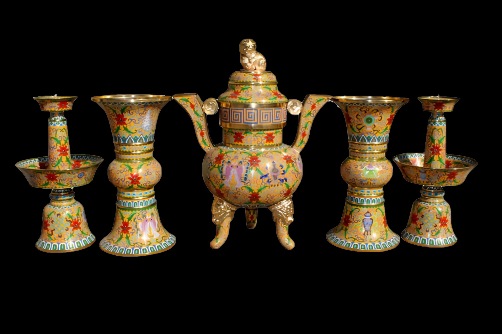 Beijing Jingtai Blue Five-Offering sacrificial ritual implements, traditional copper body cloisonne enamel polished, five offerings of Mount Tai in front of the Buddha pic 4