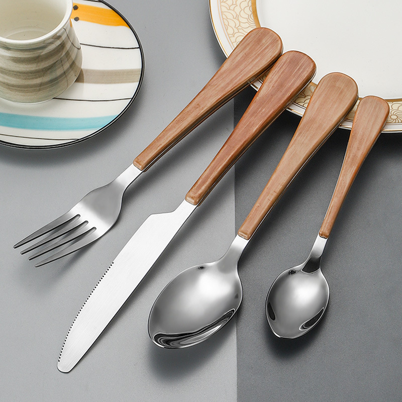 Cross-border Amazon 1010 Stainless Steel Tableware Set for knives, forks and spoons, Creative wood grain handle Western cuisine knives and forks 4-piece set Application Scenario