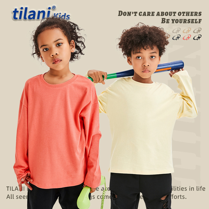 TILANI niños europa y américa trendy marca 230G primavera otoño niño manga larga camiseta leggings hollow color sólido bebé top details Picture