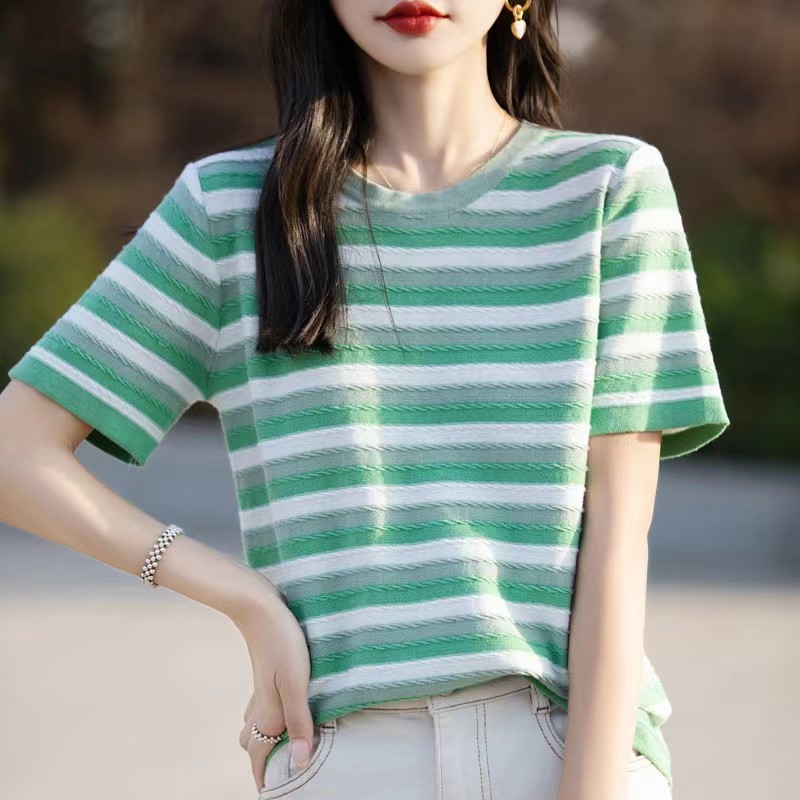 Summer women's tops, full-color knitted cotton and linen short-sleeved women's T-shirts, women's round-neck vests, striped contrasting colors, wholesale and consignment for foreign trade Specification image