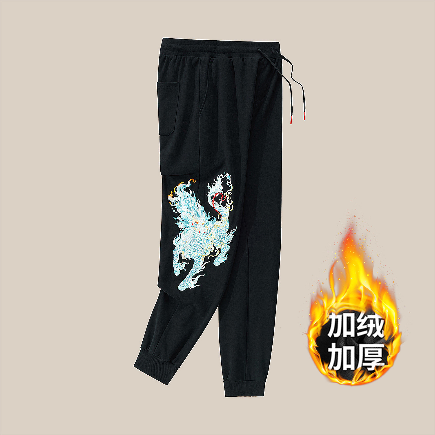 国潮男士休闲裤重工刺绣纯棉加绒运动裤加肥加大宽松长裤束脚大码卫裤详情17