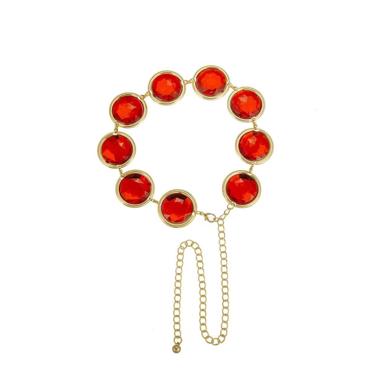 Wholesale of cross-border European and American women's mirror casual decorative waist belts, resin crystal ruby metal waist chains Specification image