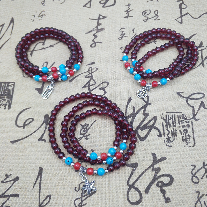 6mm garnet imitation three-circle bracelet, ethnic style multi-circle bracelet, Buddhist prayer beads, cultural and artistic jewelry, live-streaming supply benefits Specification image