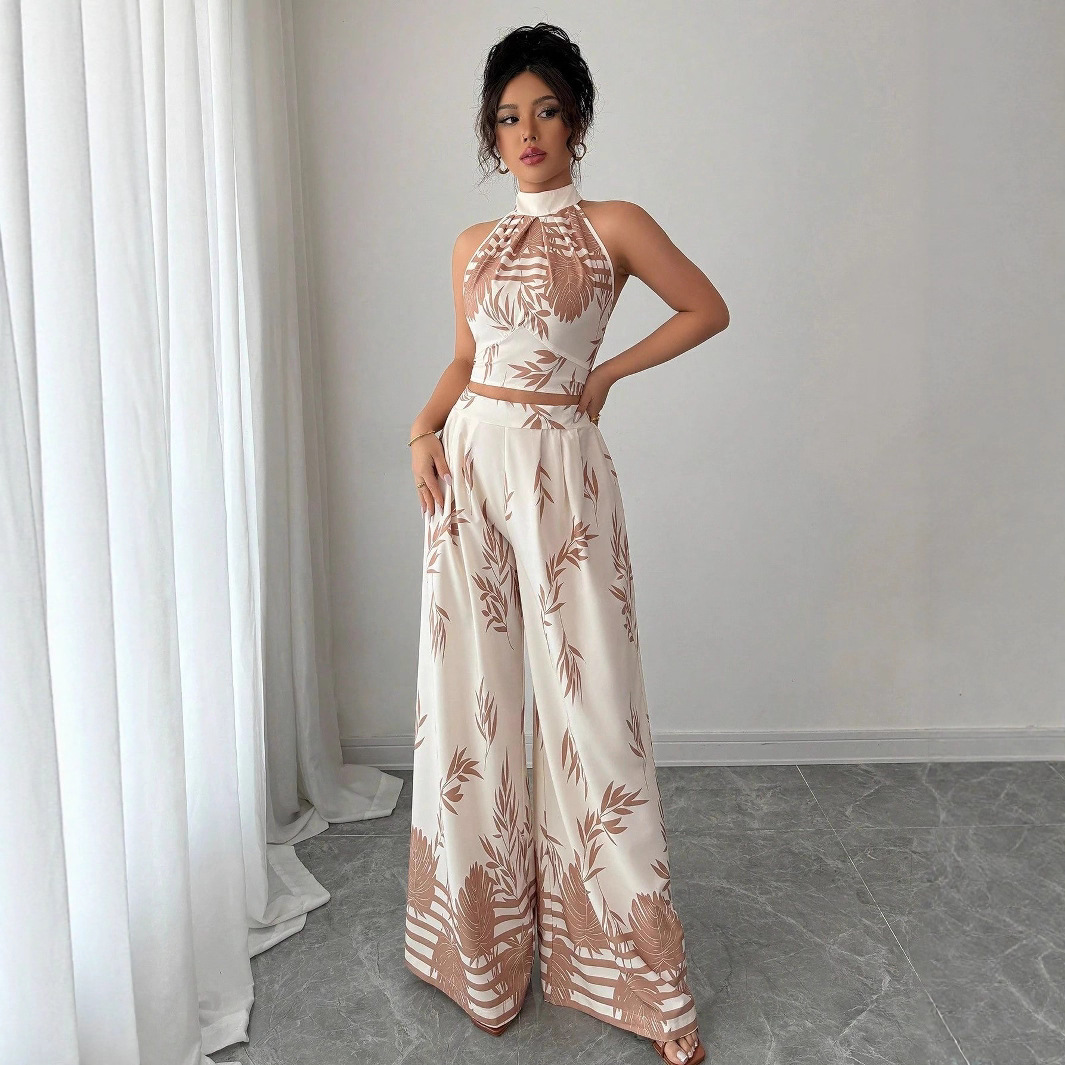 Cross-border Amazon Women's Clothing 2025 Summer Vacation style European and American style halter vest wide-leg long pants Printed set Specification image