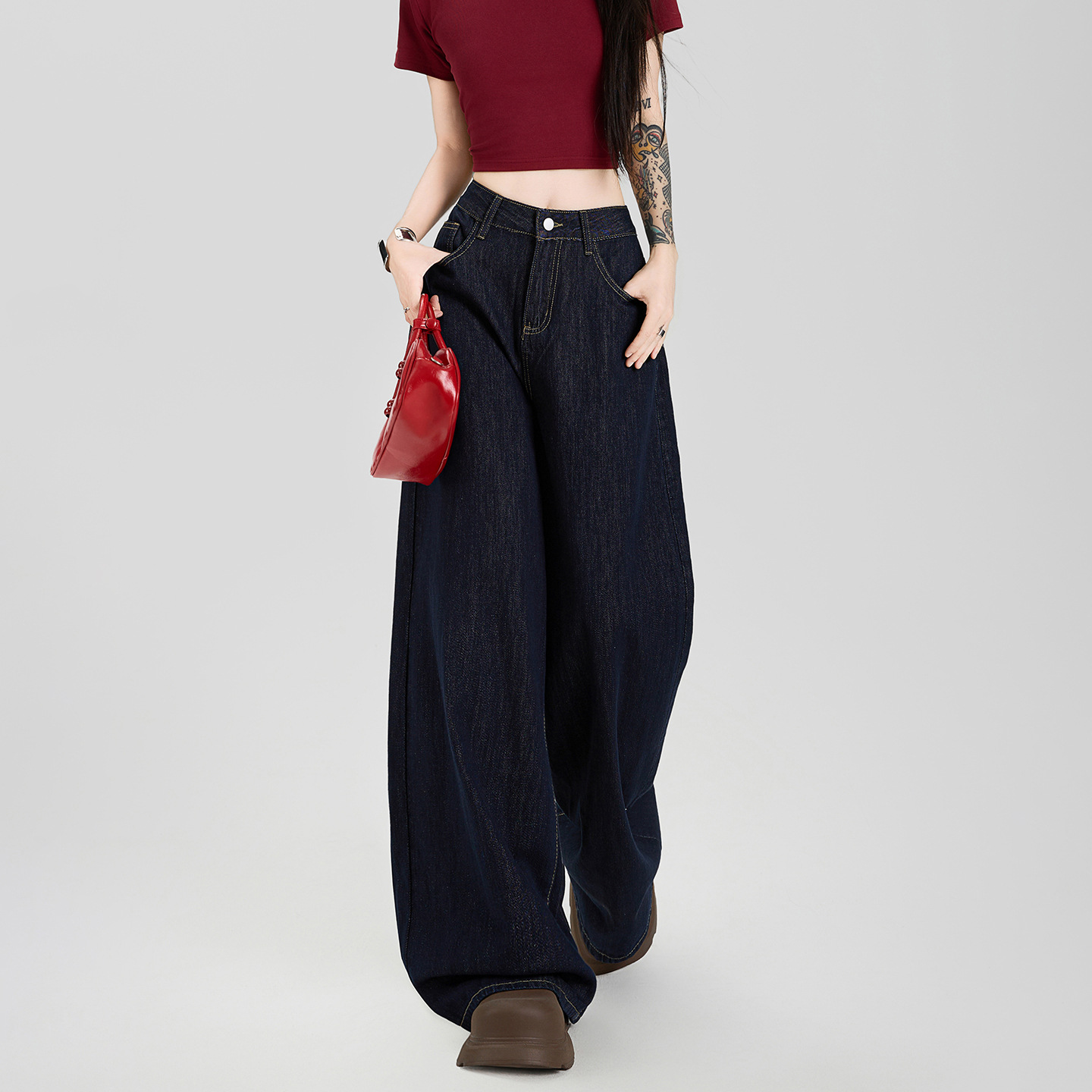 Yi Yu's tall American retro deep blue wide-leg jeans, high loose drape floor-length pants for women's wear, are slimming Specification image