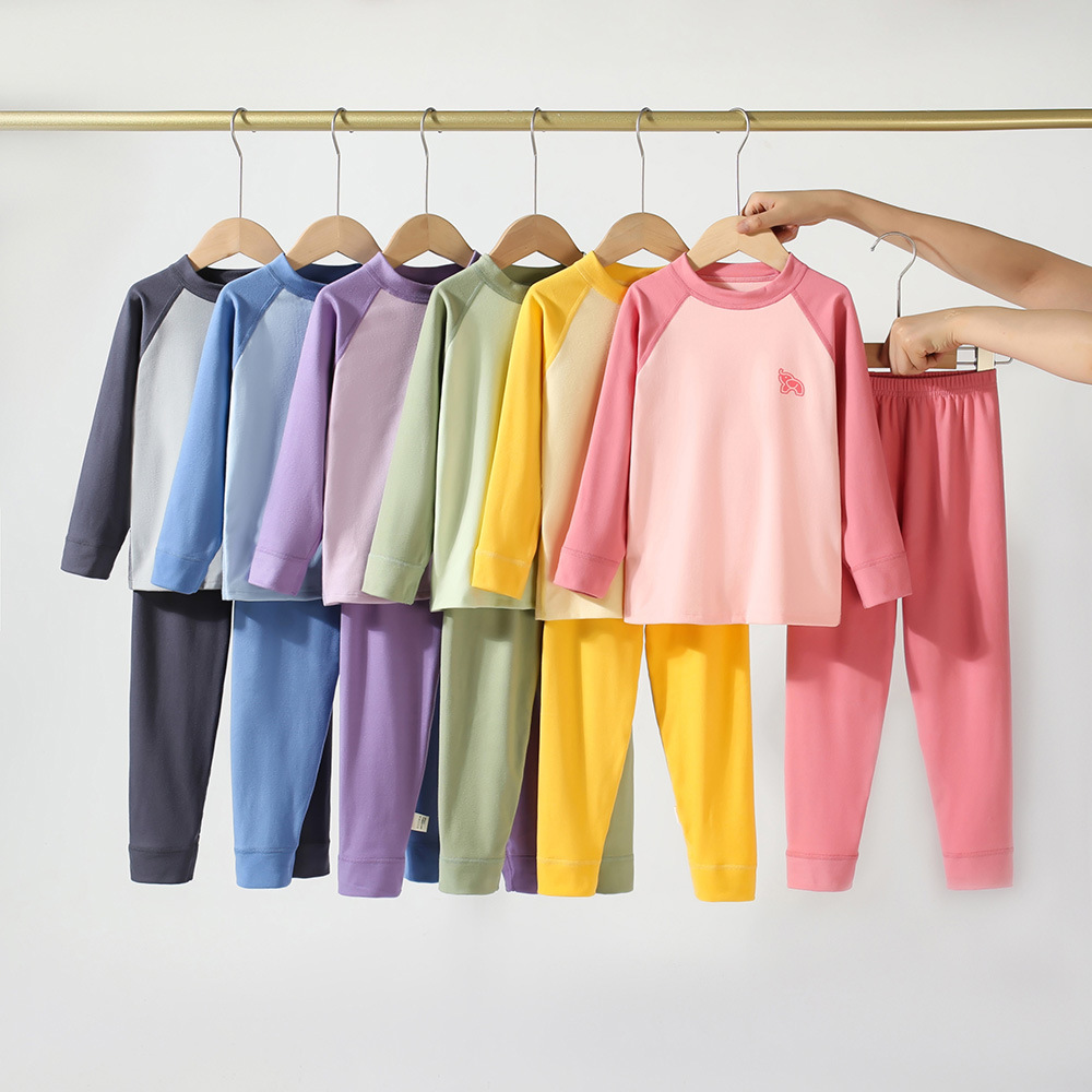 24新款插肩袖纯色儿童套装男女孩秋衣裤暖绒上衣中小童装保暖内衣