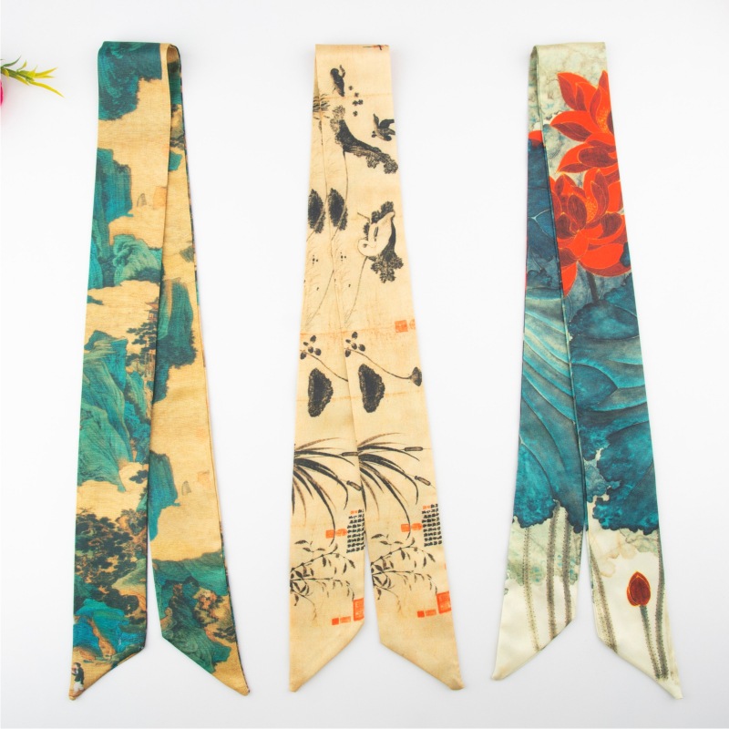 Wholesale of retro Chinese-style silk scarves, calligraphy and painting, ancient-style Hanfu, ink-wash painting, flowing ribbons, elegant binding bags, long hair bands for decoration, and Chinese fashion details Picture