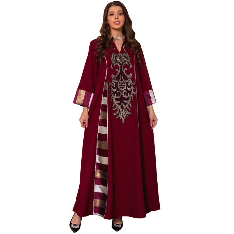 AB052跨境外贸中东女装绣花条纹abaya穆斯林阿拉伯迪拜muslim长袍详情图5