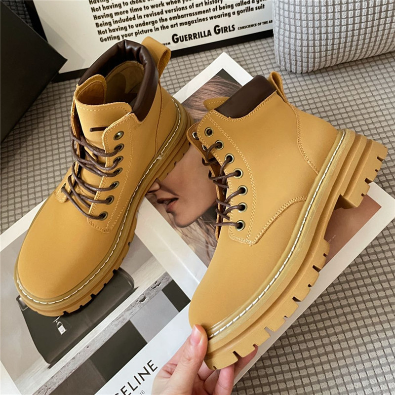 Grape Mother Spring And Autumn New Thick Soled Big Yellow Boots Round Head Boots Single Inside High Help British Wind Martin Boots Woman